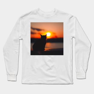 Black Cat Watching Sunset Long Sleeve T-Shirt